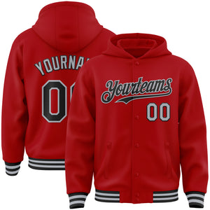 Custom Red Black-Gray Bomber Full-Snap Varsity Letterman Hoodie Jacket