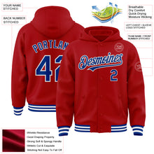 Загрузить изображение в средство просмотра галереи, Custom Red Royal-White Bomber Full-Snap Varsity Letterman Hoodie Jacket
