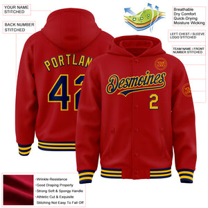 Custom Red Navy-Gold Bomber Full-Snap Varsity Letterman Hoodie Jacket