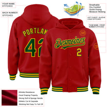 Загрузить изображение в средство просмотра галереи, Custom Red Green-Gold Bomber Full-Snap Varsity Letterman Hoodie Jacket
