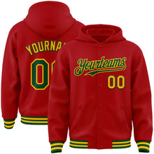 Загрузить изображение в средство просмотра галереи, Custom Red Green-Gold Bomber Full-Snap Varsity Letterman Hoodie Jacket
