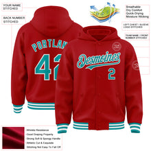 Загрузить изображение в средство просмотра галереи, Custom Red Teal-White Bomber Full-Snap Varsity Letterman Hoodie Jacket
