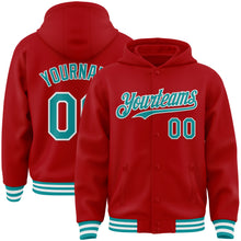 Загрузить изображение в средство просмотра галереи, Custom Red Teal-White Bomber Full-Snap Varsity Letterman Hoodie Jacket
