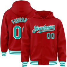 Загрузить изображение в средство просмотра галереи, Custom Red Aqua-White Bomber Full-Snap Varsity Letterman Hoodie Jacket
