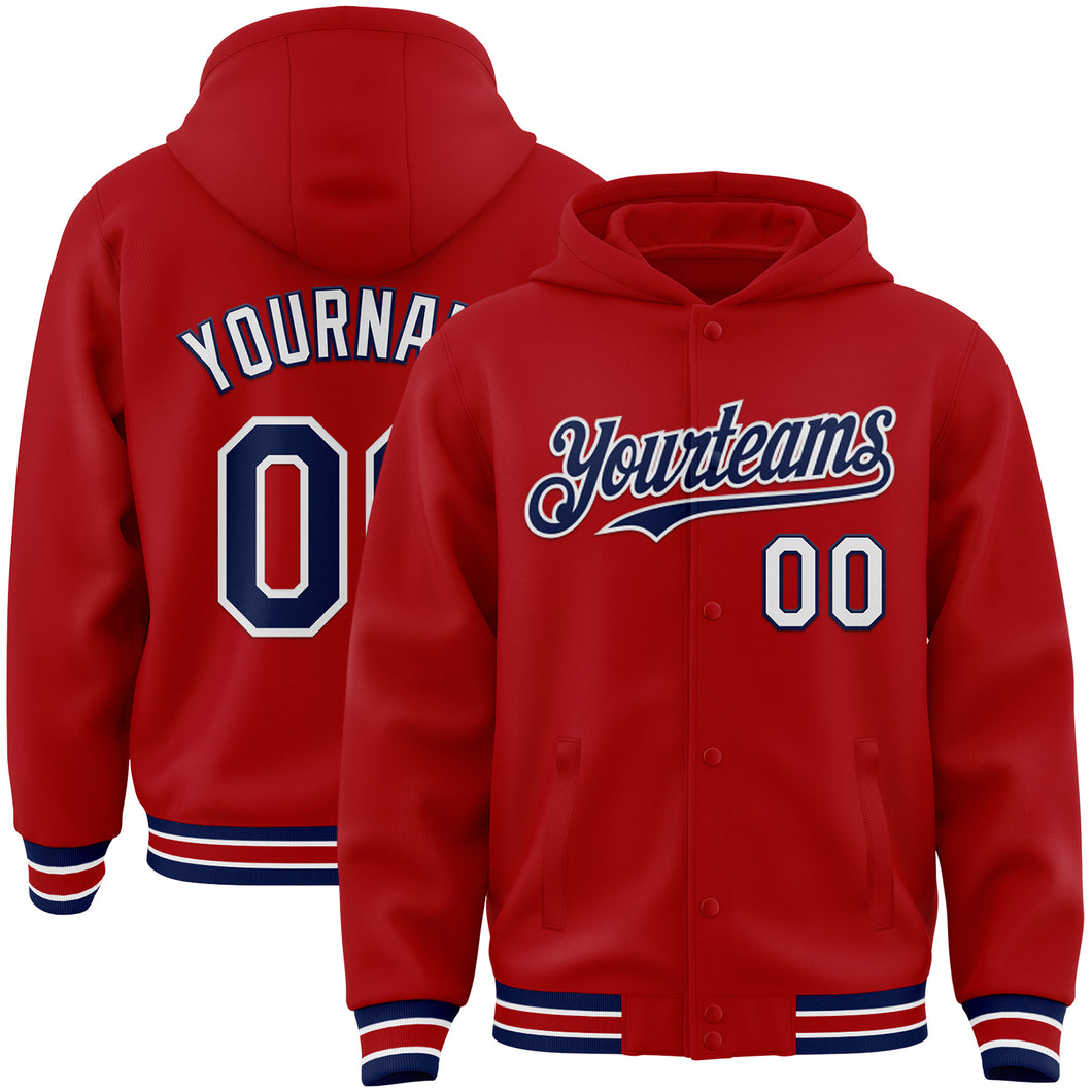 Custom Red Navy-White Bomber Full-Snap Varsity Letterman Hoodie Jacket