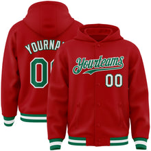 Charger l&#39;image dans la galerie, Custom Red Kelly Green-White Bomber Full-Snap Varsity Letterman Hoodie Jacket
