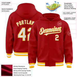 Custom Red White-Gold Bomber Full-Snap Varsity Letterman Hoodie Jacket