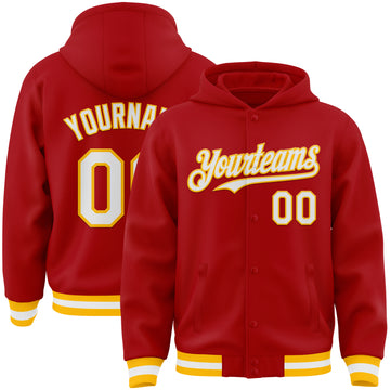 Custom Red White-Gold Bomber Full-Snap Varsity Letterman Hoodie Jacket