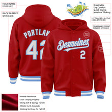 Загрузить изображение в средство просмотра галереи, Custom Red White-Light Blue Bomber Full-Snap Varsity Letterman Hoodie Jacket
