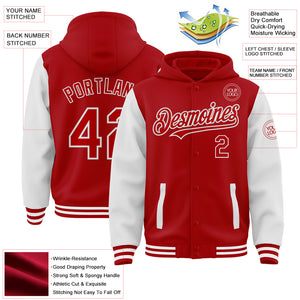 Custom Red White Bomber Full-Snap Varsity Letterman Two Tone Hoodie Jacket