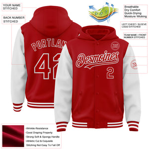 Custom Red White Bomber Full-Snap Varsity Letterman Two Tone Hoodie Jacket