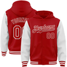 Charger l&#39;image dans la galerie, Custom Red White Bomber Full-Snap Varsity Letterman Two Tone Hoodie Jacket
