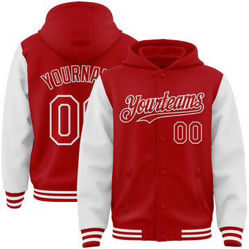 Custom Red White Bomber Full-Snap Varsity Letterman Two Tone Hoodie Jacket