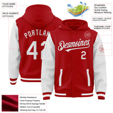 Laden Sie das Bild in den Galerie-Viewer, Custom Red White Bomber Full-Snap Varsity Letterman Two Tone Hoodie Jacket
