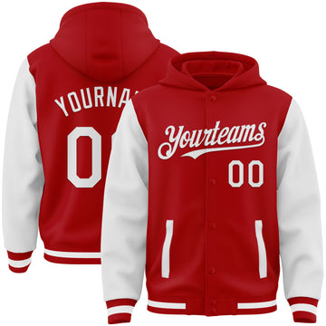 Custom Red White Bomber Full-Snap Varsity Letterman Two Tone Hoodie Jacket