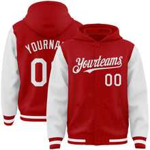 Charger l&#39;image dans la galerie, Custom Red White Bomber Full-Snap Varsity Letterman Two Tone Hoodie Jacket
