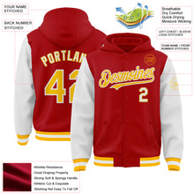 Charger l&#39;image dans la galerie, Custom Red Gold-White Bomber Full-Snap Varsity Letterman Two Tone Hoodie Jacket
