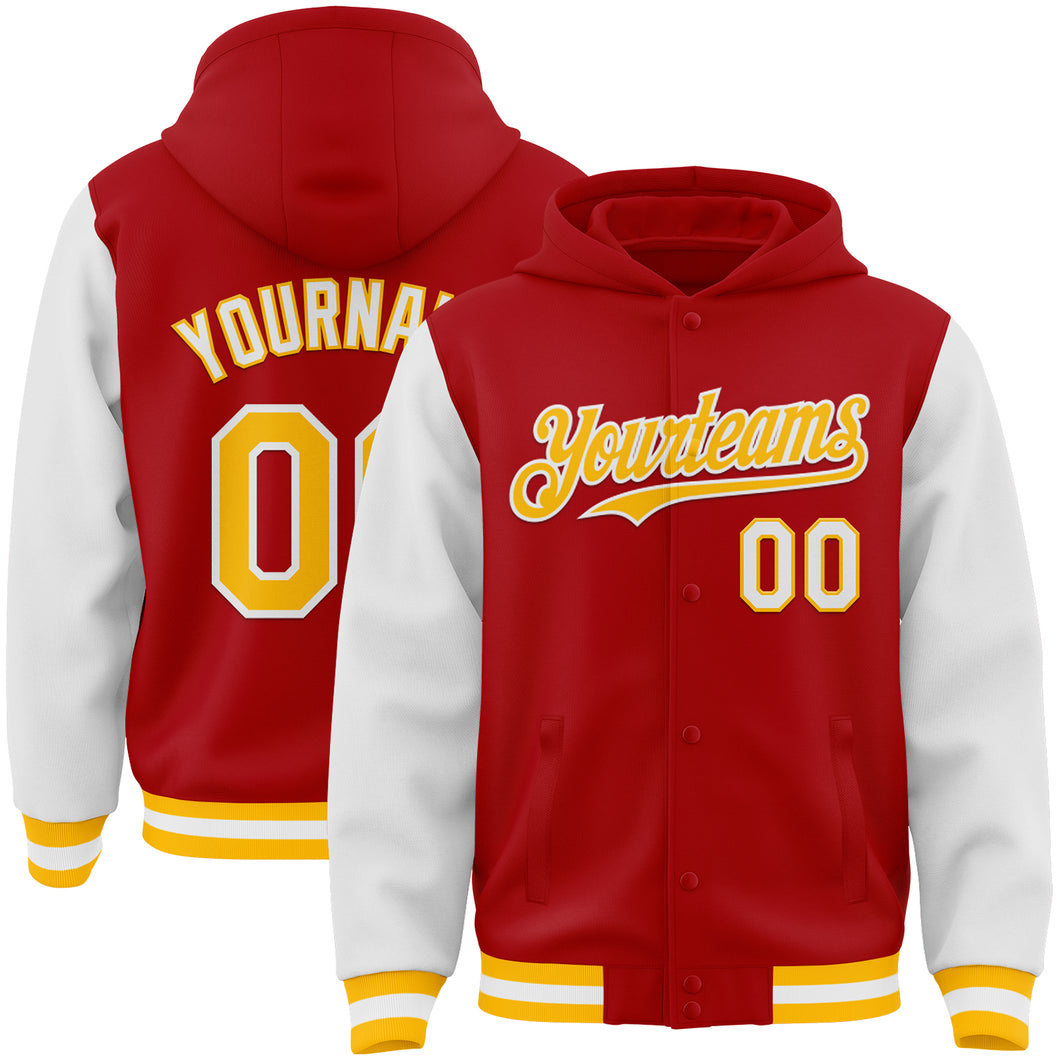 Custom Red Gold-White Bomber Full-Snap Varsity Letterman Two Tone Hoodie Jacket