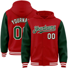 Laden Sie das Bild in den Galerie-Viewer, Custom Red Green-White Bomber Full-Snap Varsity Letterman Two Tone Hoodie Jacket
