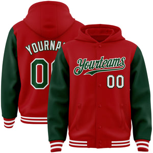 Custom Red Green-White Bomber Full-Snap Varsity Letterman Two Tone Hoodie Jacket