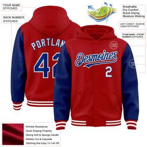 Custom Red Royal-White Bomber Full-Snap Varsity Letterman Two Tone Hoodie Jacket