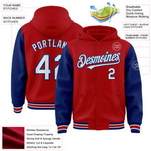 Laden Sie das Bild in den Galerie-Viewer, Custom Red White-Royal Bomber Full-Snap Varsity Letterman Two Tone Hoodie Jacket
