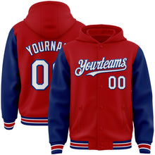 Загрузить изображение в средство просмотра галереи, Custom Red White-Royal Bomber Full-Snap Varsity Letterman Two Tone Hoodie Jacket
