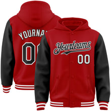 Загрузить изображение в средство просмотра галереи, Custom Red Black-White Bomber Full-Snap Varsity Letterman Two Tone Hoodie Jacket
