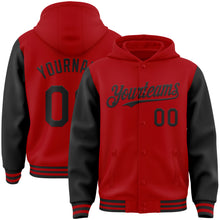 Load image into Gallery viewer, Custom Red Black Bomber Full-Snap Varsity Letterman Two Tone Hoodie Jacket
