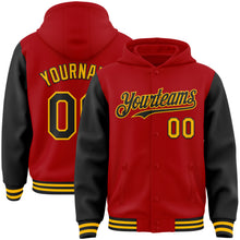 Загрузить изображение в средство просмотра галереи, Custom Red Black-Gold Bomber Full-Snap Varsity Letterman Two Tone Hoodie Jacket
