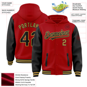 Custom Red Black-Old Gold Bomber Full-Snap Varsity Letterman Two Tone Hoodie Jacket