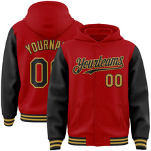 Загрузить изображение в средство просмотра галереи, Custom Red Black-Old Gold Bomber Full-Snap Varsity Letterman Two Tone Hoodie Jacket
