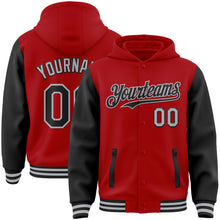 Laden Sie das Bild in den Galerie-Viewer, Custom Red Black-Gray Bomber Full-Snap Varsity Letterman Two Tone Hoodie Jacket
