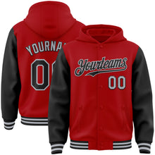 Загрузить изображение в средство просмотра галереи, Custom Red Black-Gray Bomber Full-Snap Varsity Letterman Two Tone Hoodie Jacket
