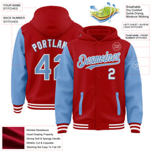 Laden Sie das Bild in den Galerie-Viewer, Custom Red Light Blue-White Bomber Full-Snap Varsity Letterman Two Tone Hoodie Jacket
