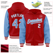 Charger l&#39;image dans la galerie, Custom Red Light Blue-White Bomber Full-Snap Varsity Letterman Two Tone Hoodie Jacket
