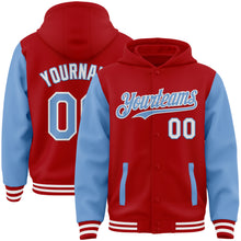 Laden Sie das Bild in den Galerie-Viewer, Custom Red Light Blue-White Bomber Full-Snap Varsity Letterman Two Tone Hoodie Jacket
