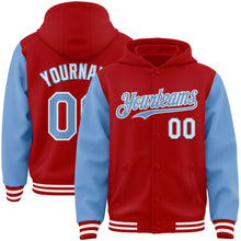 Charger l&#39;image dans la galerie, Custom Red Light Blue-White Bomber Full-Snap Varsity Letterman Two Tone Hoodie Jacket
