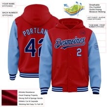 Laden Sie das Bild in den Galerie-Viewer, Custom Red Navy-Light Blue Bomber Full-Snap Varsity Letterman Two Tone Hoodie Jacket
