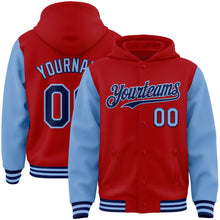 Charger l&#39;image dans la galerie, Custom Red Navy-Light Blue Bomber Full-Snap Varsity Letterman Two Tone Hoodie Jacket
