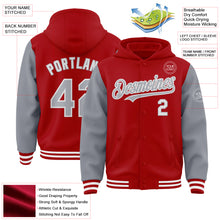 Load image into Gallery viewer, Custom Red Gray-White Bomber Full-Snap Varsity Letterman Two Tone Hoodie Jacket
