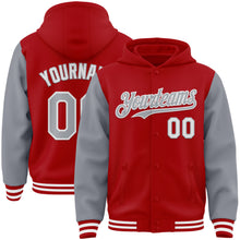 Загрузить изображение в средство просмотра галереи, Custom Red Gray-White Bomber Full-Snap Varsity Letterman Two Tone Hoodie Jacket
