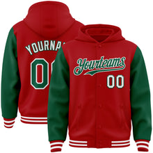 Charger l&#39;image dans la galerie, Custom Red Kelly Green-White Bomber Full-Snap Varsity Letterman Two Tone Hoodie Jacket
