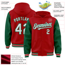 Загрузить изображение в средство просмотра галереи, Custom Red White-Kelly Green Bomber Full-Snap Varsity Letterman Two Tone Hoodie Jacket
