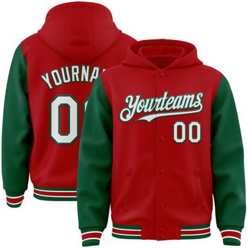 Custom Red White-Kelly Green Bomber Full-Snap Varsity Letterman Two Tone Hoodie Jacket