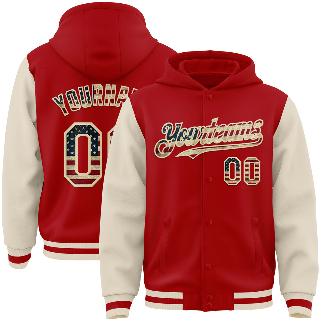 Custom Red Vintage USA Flag-Cream Bomber Full-Snap Varsity Letterman Two Tone Hoodie Jacket