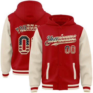 Custom Red Vintage USA Flag-Cream Bomber Full-Snap Varsity Letterman Two Tone Hoodie Jacket