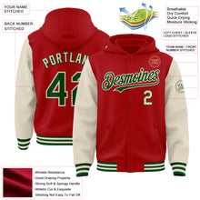 Laden Sie das Bild in den Galerie-Viewer, Custom Red Green-Cream Bomber Full-Snap Varsity Letterman Two Tone Hoodie Jacket
