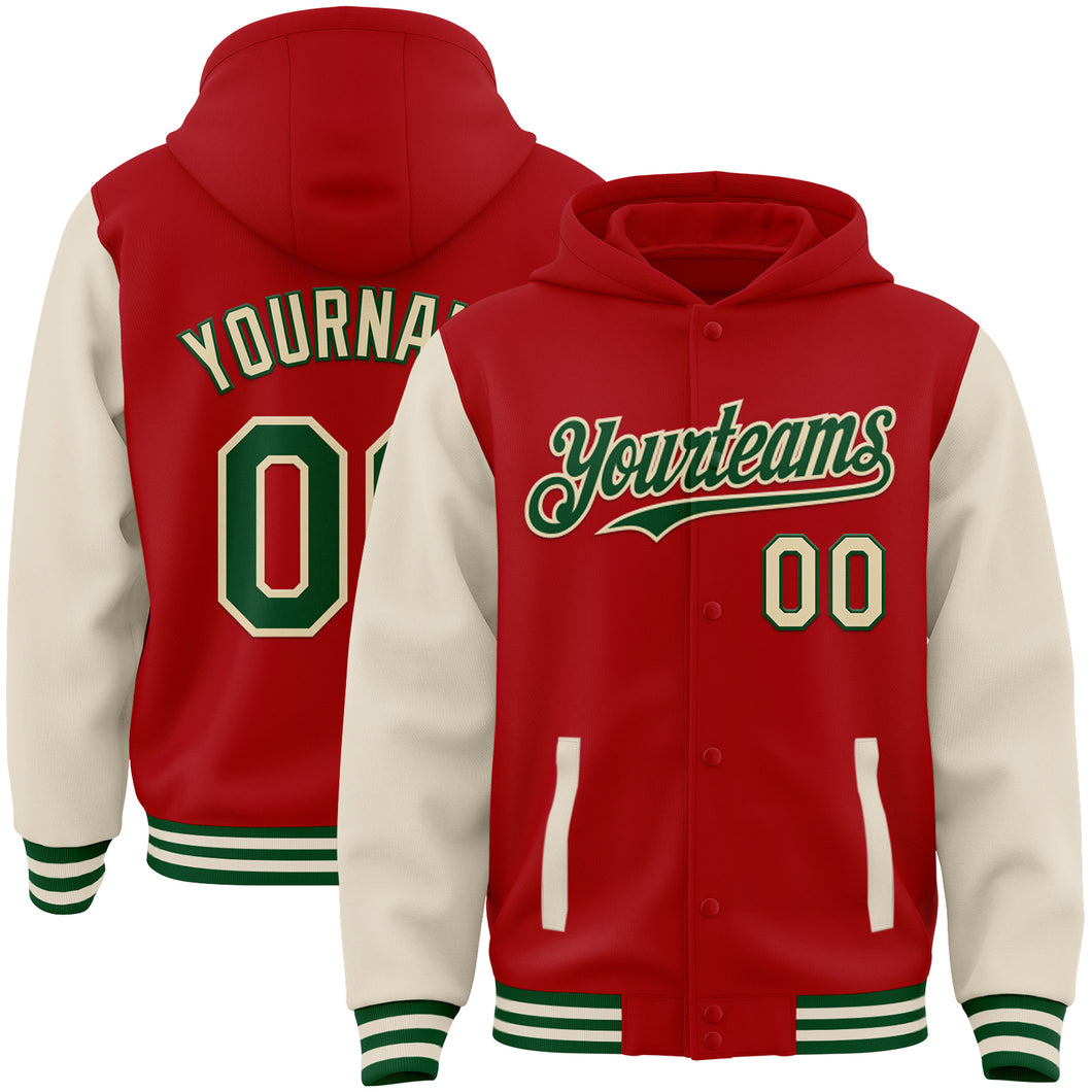 Custom Red Green-Cream Bomber Full-Snap Varsity Letterman Two Tone Hoodie Jacket