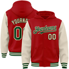 Charger l&#39;image dans la galerie, Custom Red Green-Cream Bomber Full-Snap Varsity Letterman Two Tone Hoodie Jacket
